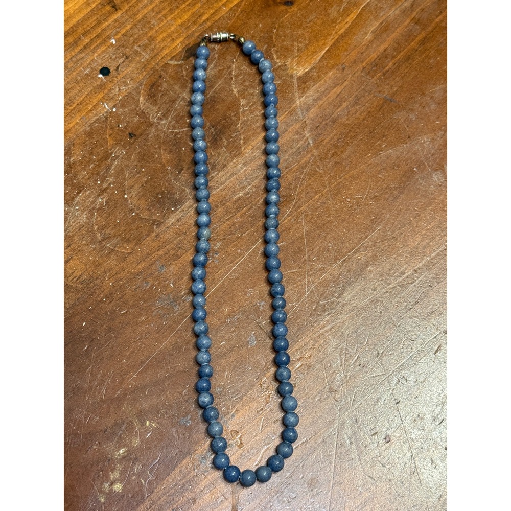 Blue Dumortierite Quartz Bead Knotted Necklace 15.5" Vintage Brass Barrel Clasp